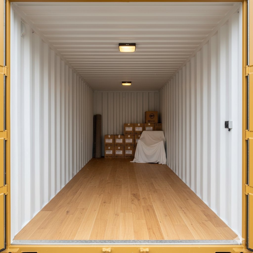 Interior container STORAGE BOX — pereți albi, podea de lemn, iluminat LED, cutii etichetate