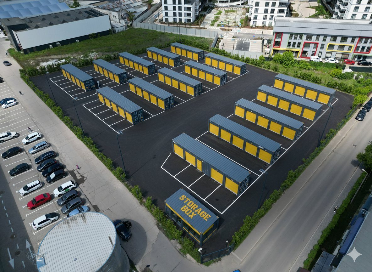 Vedere aeriană STORAGE BOX la lumina zilei — containere maritime aranjate în patru rânduri
