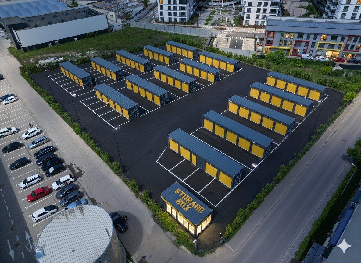 Vedere aeriană STORAGE BOX, facility de self storage cu containere maritime în centrul Iașului, fotografiat pe înserat